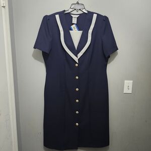 ANDREA Kay Vintage Navy and White Button Down Midi Dress Retro